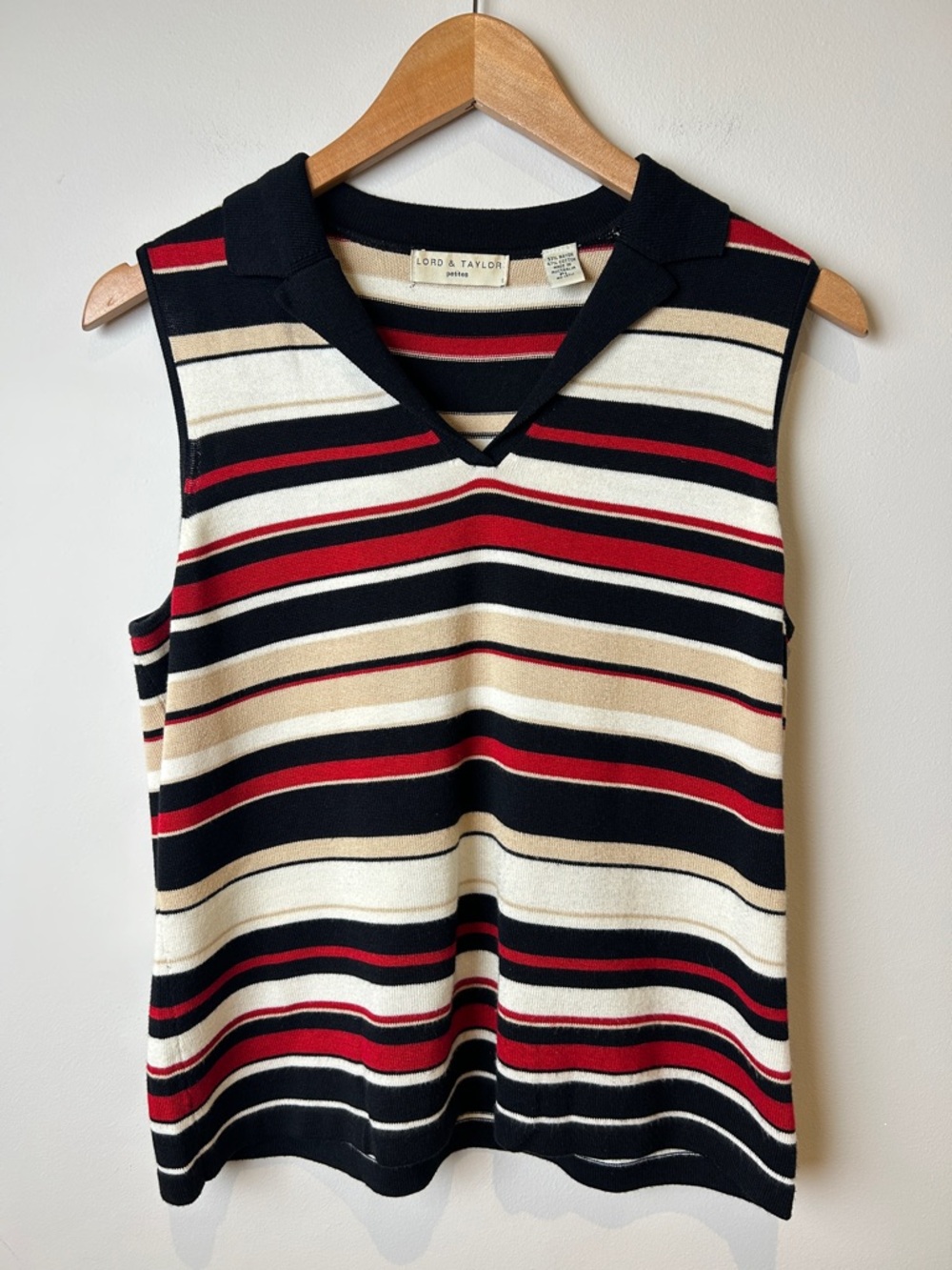 Vintage 90’s Lord & Taylor Striped Knit Sleeveless Sweater - Black, Cream & Red